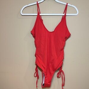 Zaful Vibrant Red-Orange One-Piece Swimsuit with Adjustable Ties Along Sides NWT